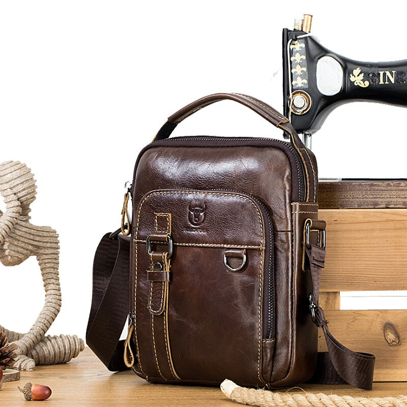 (image for) BULLCAPTAIN Genuine Leather Men's Shoulder Bag Small Handbag Fashion Crossbody Bag for Men Daily Casual Travel Messenger Bag for 7.9inch Ipad